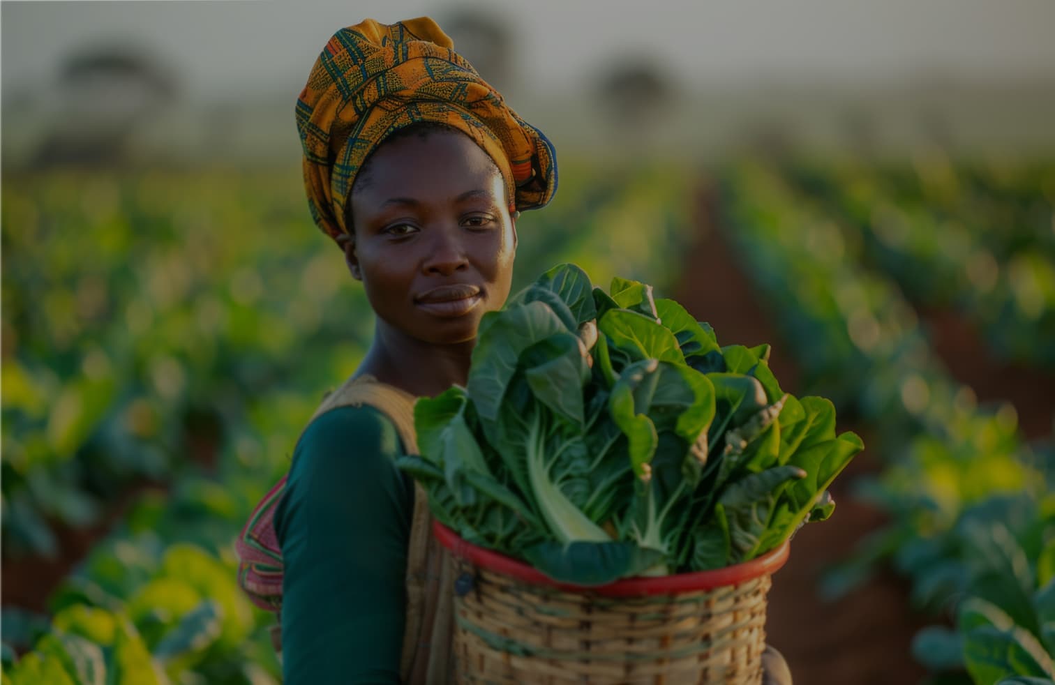 African woman harvesting vegetables in a field